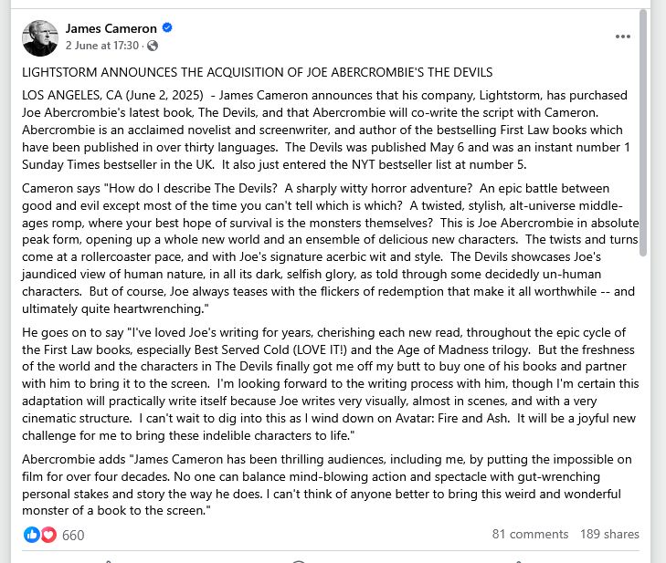 james cameron announced the devils movie